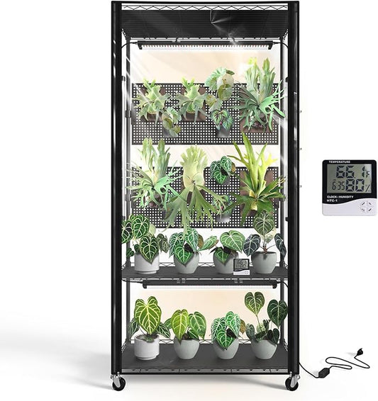 Bstrip Indoor Greenhouse with Grow Light & Pegboard, Mini Green House with Adjustable Rack and Wheels, 4 x 24W Full Spectrum Grow Light Strip for Foliage Plants, Seedling, 29.5"x13.8"x59"