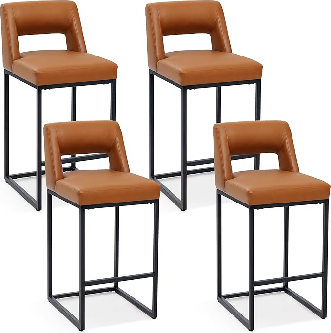 Counter Height Bar Stools Set of 4 for Kitchen Counter Modern Bar Chairs with Backs for Kitchen Island with Upholstered Faux Leather Seat and Metal Frame, 26 Inch, Light Brown