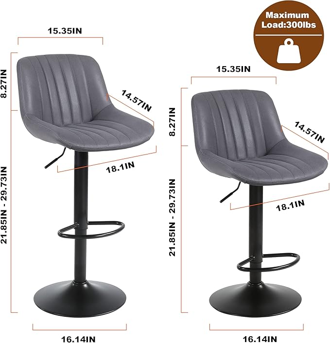 Bar Stools Set of 1, Swivel Counter Height Barstools with Back, Adjustable PU Leather Bar Chairs, Modern Armless Kitchen Island Stool, Dark Grey