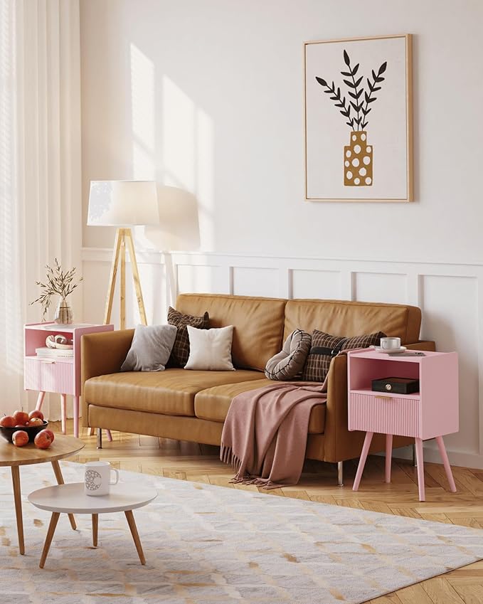 Nightstand,Modern Bedside Table with Storage Drawer and Open Wood Shelf, for Living Room, Bedroom and Small Spaces, Accent Night Stand with Solid Wood Legs, Easy Assembly,Classic Pink