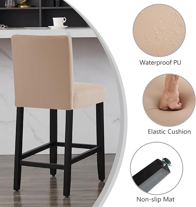 26'' Faux Leather Bar Stools Set of 2, Modern Upholstered Bar Chairs with Back, Soild Wood Legs Barstools for Kitchen Island, Light Brown