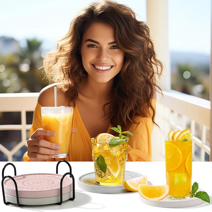 Photect Diatomaceous Earth Coasters Set with Holder Absorbent Stone Drink Coasters Instant Drying Tray for Tabletop Protection Home Decoration Housewarming Gift(Mint,4 Pcs)