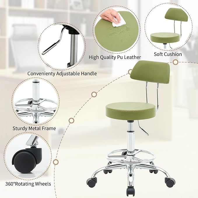 Height Adjustable Stool 19.5"-26.6", Rolling Chair with Back and Footrest, Green Esthetician Stool Ergonomic (Green)