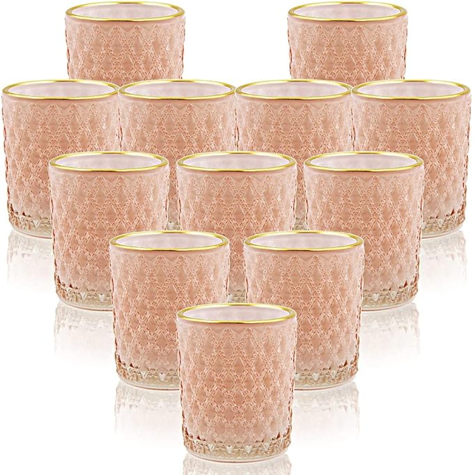 SHMILMH Pink Votive Candle Holders Set of 24, Pink Christmas Table Centerpiece Glass Tealight Holders Bulk with Gold Rim, Tea Candle Holder for Birthday Wedding Decor