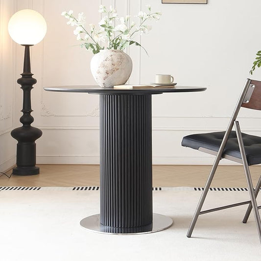 34.25" Round Wood Dining Table,Wooden Trestle Pedestal Base on Stainless Steel Plate,Small Space Kitchen Table,Modern Circular Tabletop for Kitchen, Dining Room,Negotiation Room,Cafe(Black)