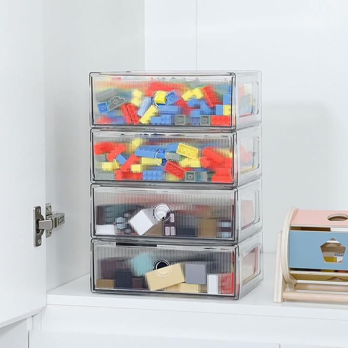 Clear Drawer Organizers for Office, Plastic Storage Box for Art Supplies, Marker Pen, School Stationery, Colored Pencils, Kitchen Accessories, Stackable Bathroom Makeup Container, 4 Drawers