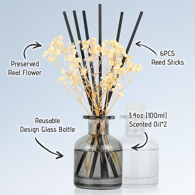 Brakula 2 Pack Reed Diffuser, Fresh Linen + Eucalyptus & Wild Mint (3.38 fl oz Each Pack), Home Fragrance with 12 Sticks, Shelf Decor, Reed diffusers for Home