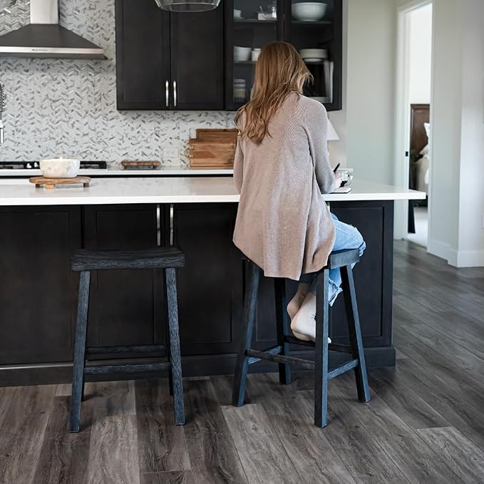 Maven Lane Kitchen Bar Stool, Modern Farmhouse Wood Counter Barstool, Kitchen Island Stool, Counter Height Bar Stools for Kitchen, Wide Seat Backless Bar Stools, Vincent 26", Antiqued Black, Set of 3