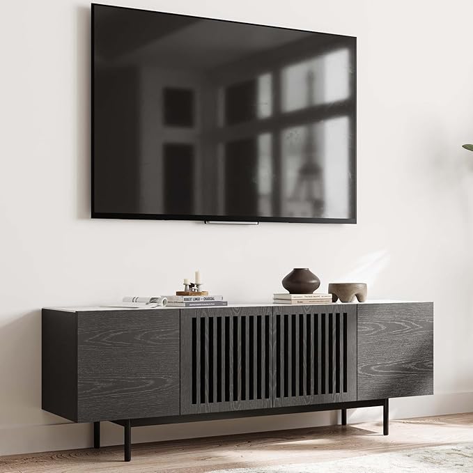 POVISON Fully-Assembled Mid Century Modern Sintered Stone TV Stand, Slatted Media Console TV Cabinet with Tall-cast Metal Legs, Fluted Entertainment Center with Storage (Black, 62.99")