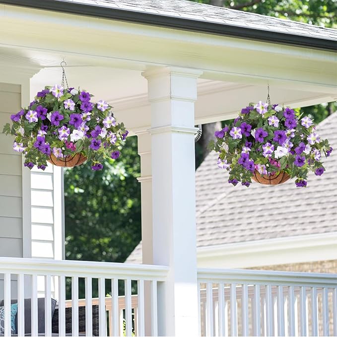 Artificial Fake Flowers Plants for Spring Summer Decoration,2 Pcs No Fade Faux Petunias,UV Resistant Realistic Silk Flowers,for Home Garden Balcony Yard Porch Deco (Purple White)