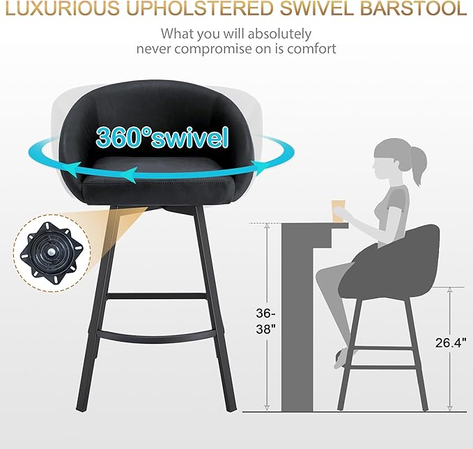 Zesthouse Swivel Counter Height Stools Set of 2, Modern Bar Stools for Kitchen Island, 26" Upholstered Kitchen Counter Height Barstools with Barrel Arms & Backs, Black Faux Leather Bar Chairs