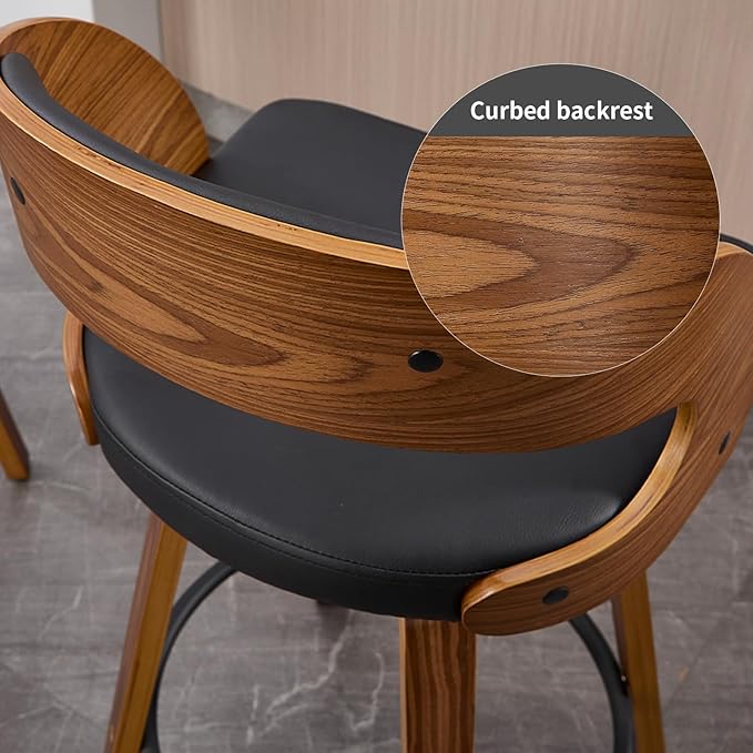 Swivel Bar Stools Set of 2, Walnut Counter Height Bar Stools with Back and Arms, 26" Modern Faux Leather Upholstered Bar Chairs with Bentwood Frame for Kitchen Island Bar - Black