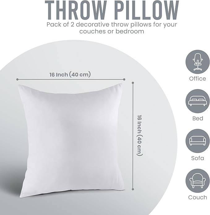 Utopia Bedding Throw Pillows Insert (Pack of 2, White) - 16 x 16 Inches Bed and Couch Pillows - Indoor Decorative Pillow