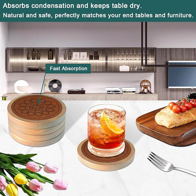 5 Pack Wood Coasters for Drinks, Minacun Absorbent Coaster Set, Drinks Coasters for Coffee Tabletop Protection, Non-Slip, Non-Stick, Suitable for Kinds of Cups Wooden Table Drink, 4.3 Inch Brown