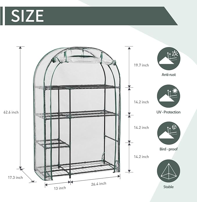 4-Tier Mini Greenhouse, 40 x 18 x 63 inch Steel Frame and PE Cover Plastic Plant Rack Stand Green House with Plant Repotting Mat for Indoor & Outdoor Use (Clear)