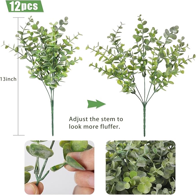 RECUTMS 12 Bundles Artificial Bushes Greenery Plants Stems Faux Shrubs Boxwood Plants Outdoor UV Resistant Fake Eucalyptus for Farmhouse Home Wedding Patio Backyard Indoor Outdoor Decor(Dusty Green)
