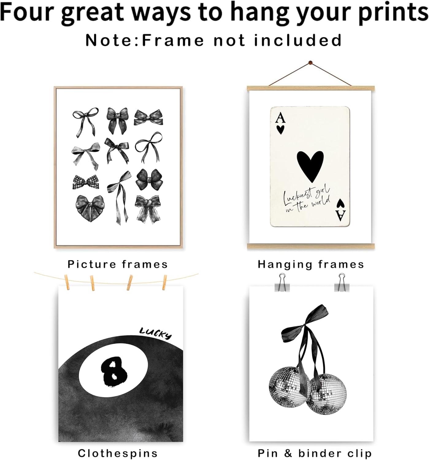 okaxscm Black Coquette Trendy Preppy Wall Art Prints Set of 4, Coquette Room Decor, Preppy Room Decor Aesthetic, Black Bow Disco 8 Ball Cherry Wall Decor Posters for Girls Bedroom Dorm, 8x10 Unframed