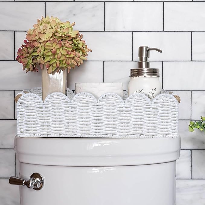 CubesLand Scalloped Edge Decor Basket for Living Room, Home, Bathroom, 2SAME SIZE Paper Rope Basket, Toilet Storage Baskets for Over Toilet Storage Shelf, Cozy Woven Baskets Both Storage&Decor, White
