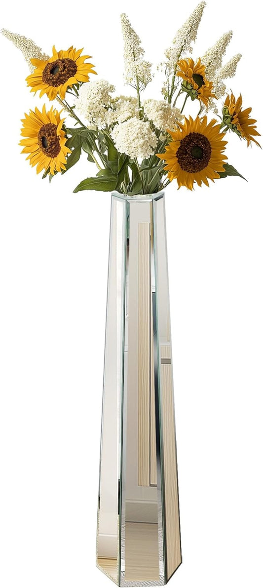 Tall Mirrored Floor Vase: 30.3 High Silver Mirror Vase with Hexagonal Shape, Large Floor-Standing Bling Decor for Living Room Wedding Centerpieces, Won't Hold Water
