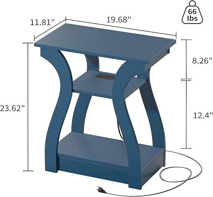 End Tables Living Room, End Table end Table with Charging Station and USB,Navy Blue Side Table, Nightstand for Bedroom,3 Tier End Table with Storage Shelf for Living Room