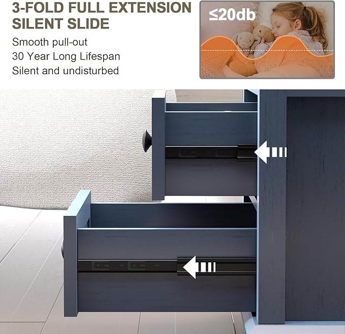 End Table with Fast USB C Charging Station, 18" Wide Tall Sofa Side Table with 2 Drawers, Large Storage Rustic Wood Square Storage Cabinet for Living Room,Bedroom,Office, Blue