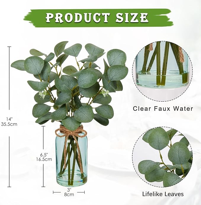 Briful Artificial Eucalyptus Stems in Blue Glass Vase with Faux Water, 14" Fake Plant Eucalyptus Leaves for Home Farmhouse Wedding Centerpiece Bathroom Décor