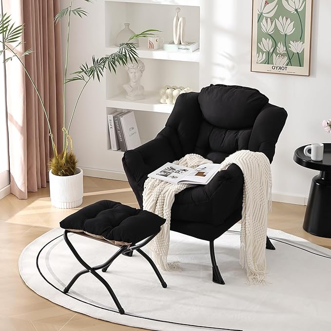 Welnow Lazy Chair with Ottoman, Modern Lounge Accent Chair with Armrests and a Side Pocket, Leisure Sofa Armchair Set, Reading Armchair with Footrest for Small Space, Black