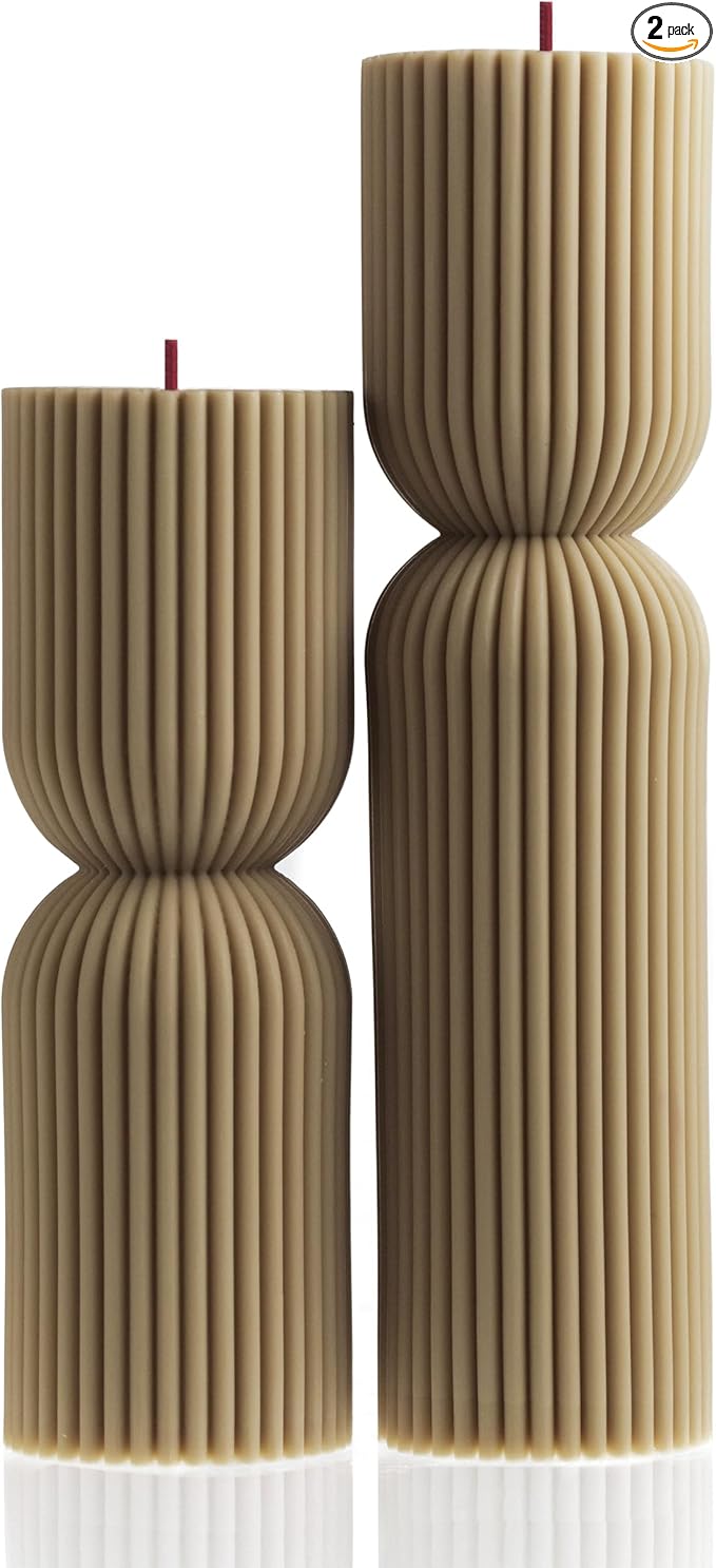 LAWA Hourglass Pillar Candle - Large Beautiful Handmade Pillar Scented Soy Wax Candle Elegant Bubble Aesthetic Candle Housewarming Gift Home Room Shelf Decor Idea Olive Beige (Set of 2)
