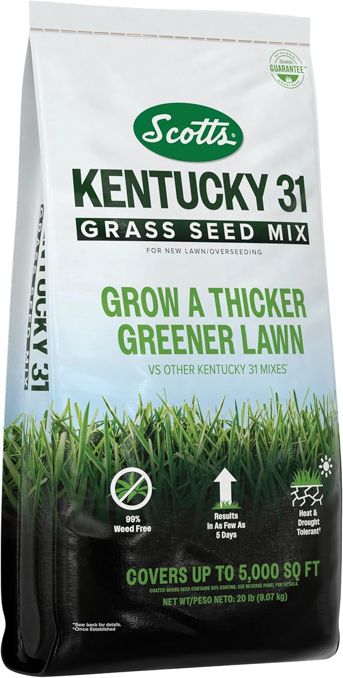 Scotts Kentucky 31 Grass Seed Mix for New Lawns or Overseeding, Grows Thicker and Greener vs. Other Kentucky 31 Mixes, Covers up to 5,000 sq. ft.