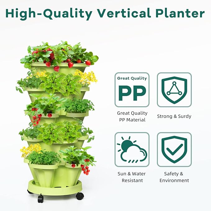 Strawberry Stacking Planters, Vertical Garden Tower, 5 Tiered Stackable Herb Vegetable Planters with Movable Casters and Bottom Saucer Indoor and Outdoor - Green