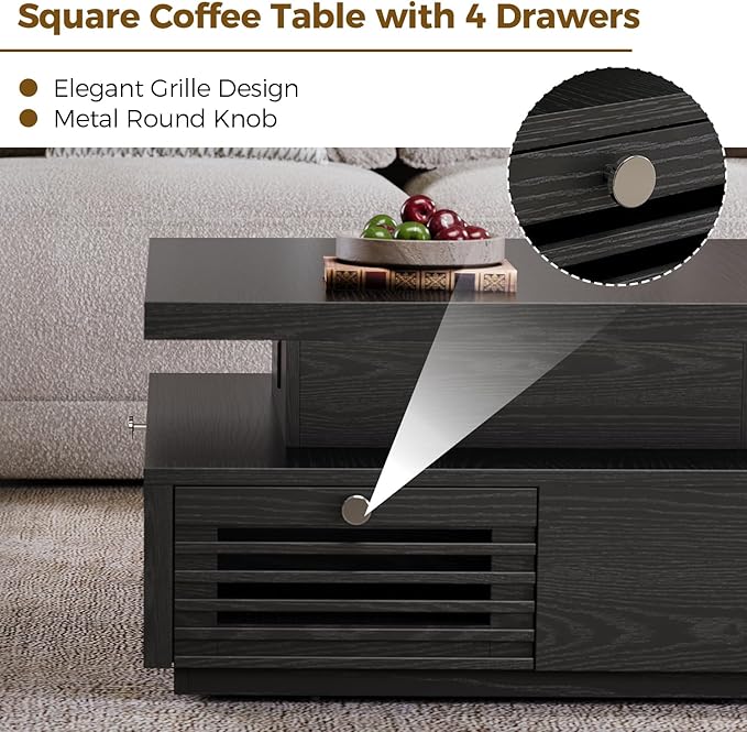 IRONCK Coffee Table with LED Light and Charging Station, 4 Storage Drawers with Grille Design, Square Coffee Table for Living Room Office Reception Room (Black)