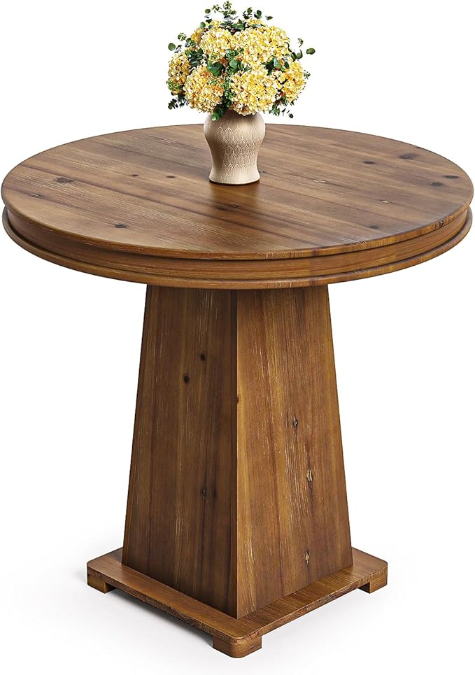 LITTLE TREE Solid Wood Round Dining Table, 31.5" Small Kitchen Table for 2, Modern Farmhouse Dinner Table for Dining Room, Kitchen, Living Room, Artistic Geometric Base (Rustic Brown)