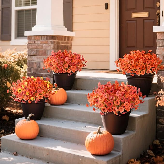 INQCMY Artificial Fall Flowers for Outdoor, 12 Bundles Faux Pansy Fake Mums Flowers Plants Outdoor Fall Decor, UV Resistant No Fade Silk Flower for Porch Planter Patio Yard Garden(Orange Autumn Red)