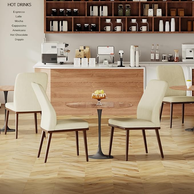 Modern Dining Chairs Set of 4, Upholstered Kitchen Chairs with High Back, Padded Fabric Dining Room Chair with Solid Wood Legs for Restaurant/Cafe/Home, Beige