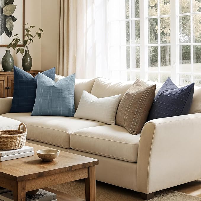 MIULEE Decorative Linen Check Euro Shams Throw Pillow Covers Neutral Farmhouse Vintage Pillow Covers 26x26 Set of 2 Boho Modern Home Decor for Sofa Couch Bedroom Cushion Navy Blue