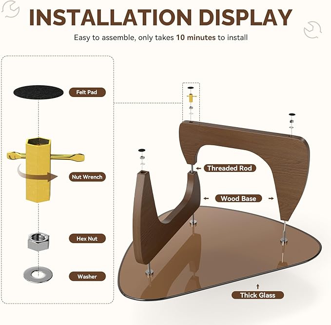 Modern Glass Coffee Table, Triangle Center Table with Tempered Glass Top& Unique Wooden Base, 35.5” Mid Century Tea Tables for Living Room, Apartment, Office,Walnut & Brown