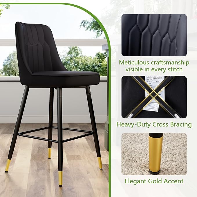 Black Bar Stools Set of 2,27" Counter Height Bar Stools Set of 2,Faux Leather Counter Stools with Soft Padded Seat & Curved Backrest,Modern Kitchen Island Chairs for Dining Café