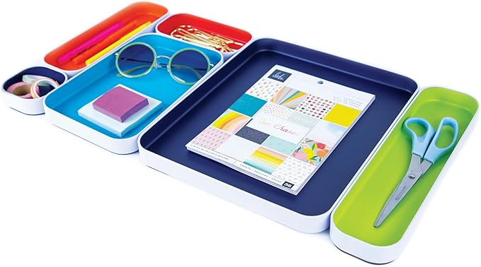 Three by Three Seattle 6 Piece Metal Organizer Tray Set for Storing Makeup, Stationery, Utensils, and More in Office Desk, Kitchen and Bathroom Drawers (1 Inch, Assorted Colors, Stripes)