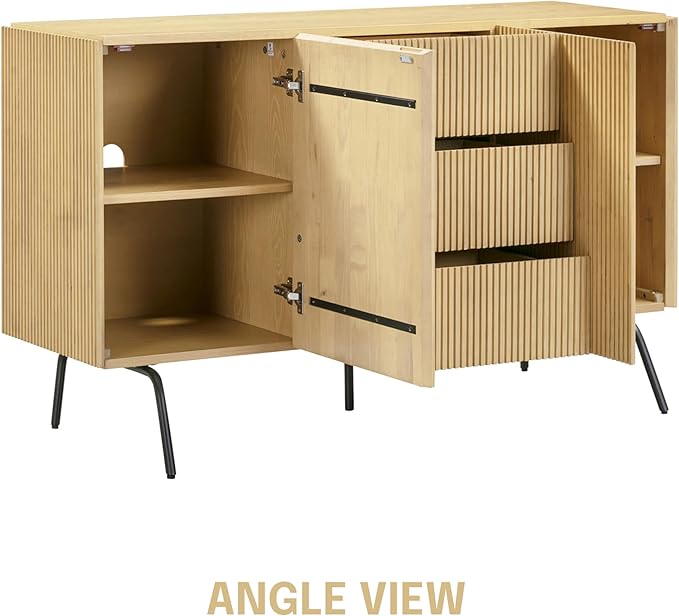 NTC Veil Sideboard with 2 Doors and 3 Drawers, Buffet Cabinet with Vertical Groove Design and Metal Legs, Storage Cabinet for Living Room, and Entryway, Effortless Assembly, Sand