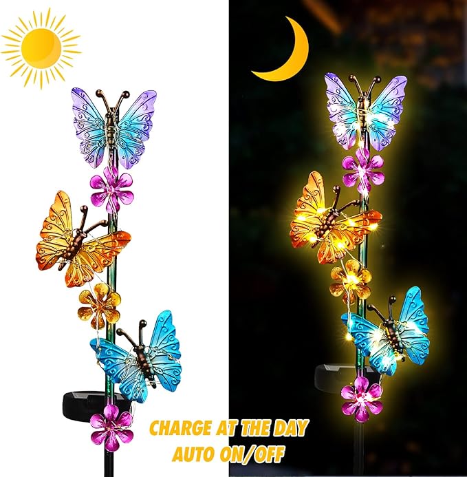Solar Lights Outdoor Waterproof Garden Butterfly Light Decorative Solar Stake Lights with Butterflies Decor for Garden Yard Lawn Patio Pathway(2 Pack)