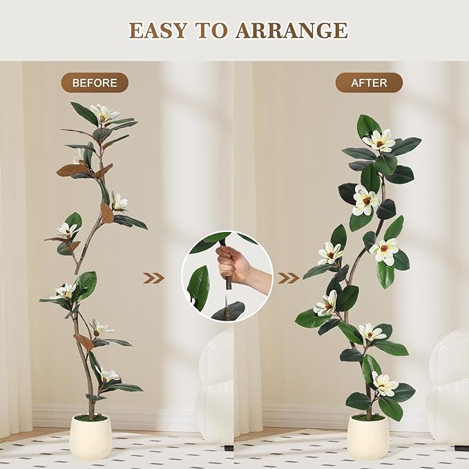 5FT Tall Artificial Rubber Tree with White Planter, Large Fake Magnolia Tree with Flowers & Green Leaves, Big Faux Floor Plant for Indoor Living Room Office Home Decor