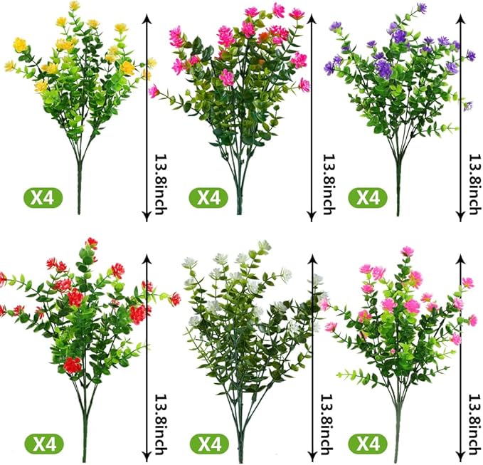 24PCS Artificial Eucalyptus Plants,Fake Boxwood Shrubs UV Resistant No Fade Faux Plastic Greenery for Wedding Bridal Bouquet Indoor Outdoor Home Garden Kitchen Office Table Vase(Mix Color)