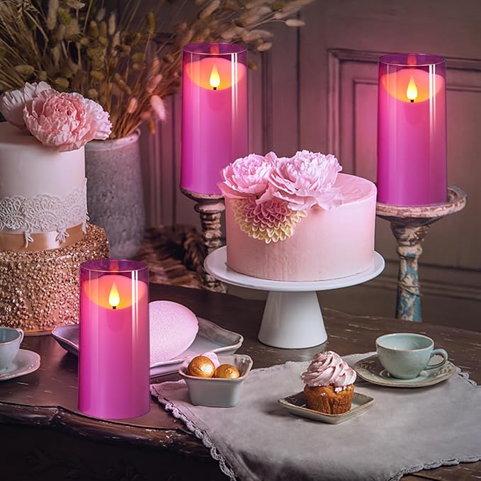 NURADA 3"x6"Flickering Flameless Candles: 3D Wick Unbreakable Acrylic Battery Operated LED Pillar Candles - Battery Candles with Remote and Timer for Table Wedding Centerpieces Party Decor Purple