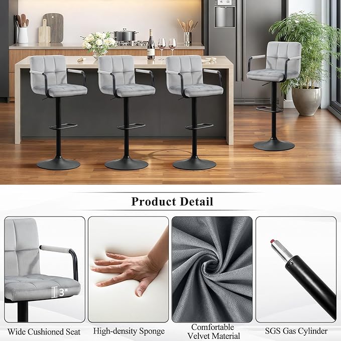 Furniliving Swivel Bar Stools Set of 4, Adjustable Kitchen Counter Height BarStools with Arms, Velvet Upholstered Bar Chair with Back and Footrest for Dining Room, Kitchen, Pub, Bar (Grey)