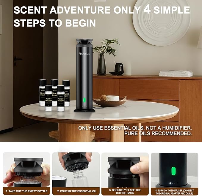 Waterless Scent Diffuser Starter Kit - 1000 Sq Ft Coverage, Premium Essential Oil Diffuser for Home, Hotel & Office, 5 Essential Oils Included, Remote Control, Black