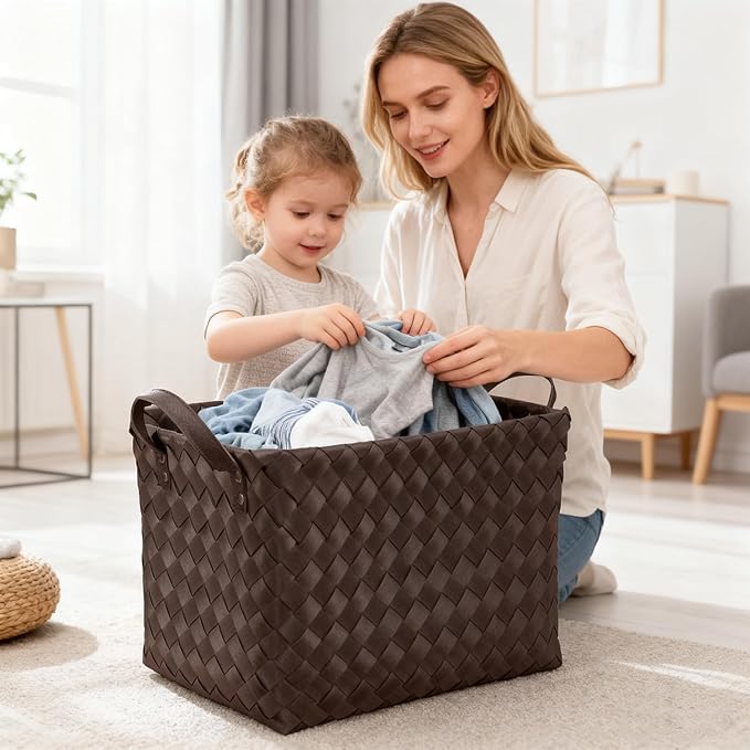 15L Laundry Baskets Waterproof Large Laundry Hamper Handmade Storage Baskets -set of 4 Collapsible Cube Organizers Woven Bins for Bathroom, Bedroom, Pantry, Shelves, Clothes and Towels-Coffee