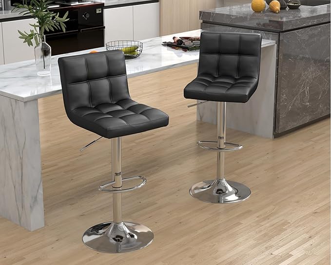 Modern PU Leather Bar Stools Set of 6, Adjustable Swivel Square Bar Chairs, Armless Counter Height Barstools with Back and Large Base for Island/Kitchen(Black)