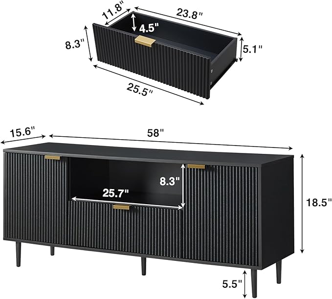Okvnbjk Black TV Stand for 65 Inch TV, TV Consoles for Living Room, TV Stand for Bedroom w/Drawer and Storage, Wood Fluted Panel Media Console, Entertainment Center w/Soft Hinge & Cable Management