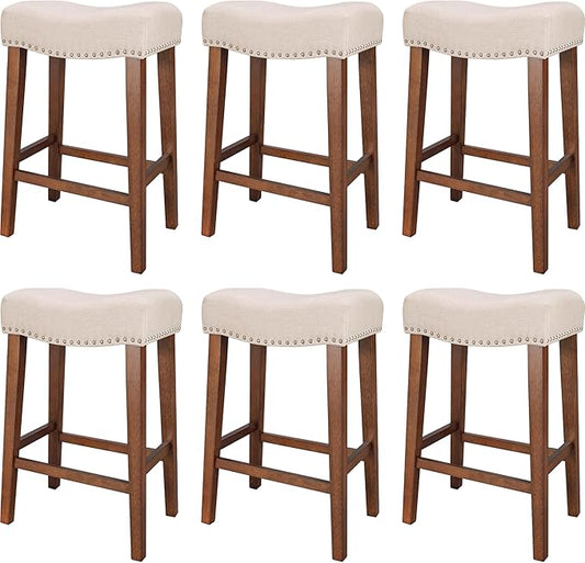 PrimeZone Counter Height Bar Stools Set of 6 - Backless Saddle Barstools with 4.3" Thick Upholstered, Nailhead Trim Linen Fabric & Solid Wood Legs, 26 Inch Counter Stools for Kitchen Island, Beige