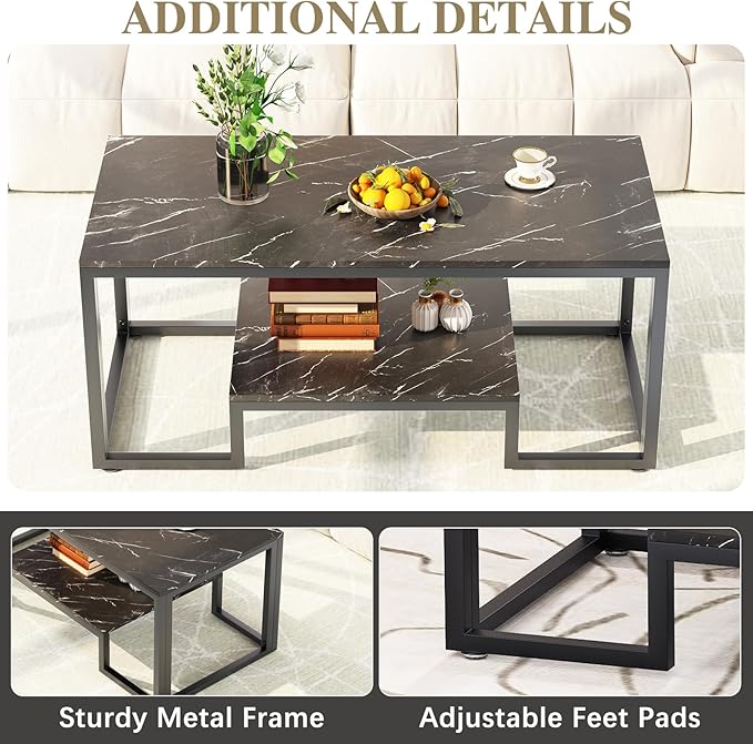 Coffee Table Black Table for Living Room,2 Tiers Rectangle Center Table with Sturdy Metal Frame,Modern Black Faux Marble Coffee Table for Bedroom Home Office